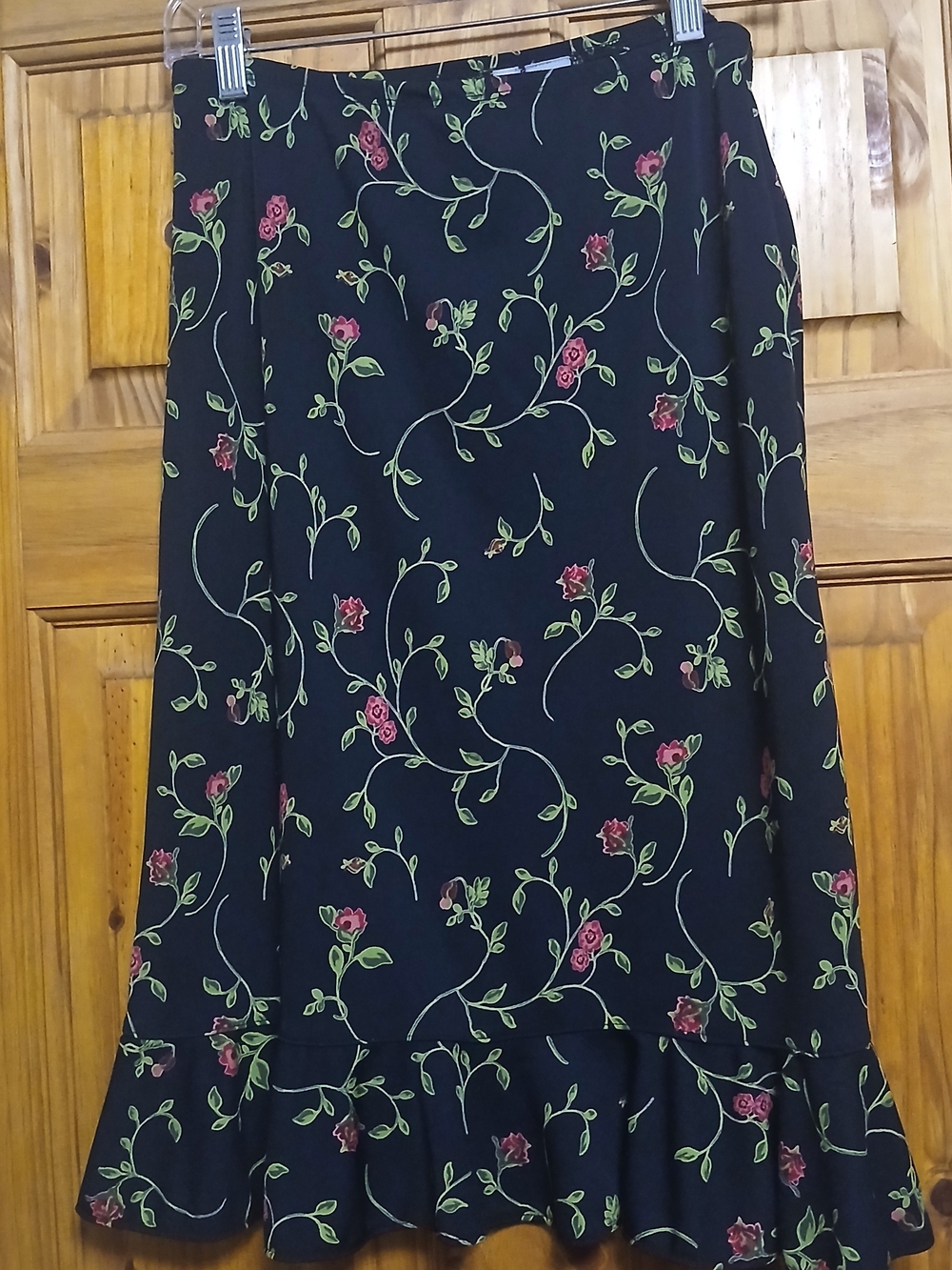 Black Floral Midi Skirt with Rose Vine Print